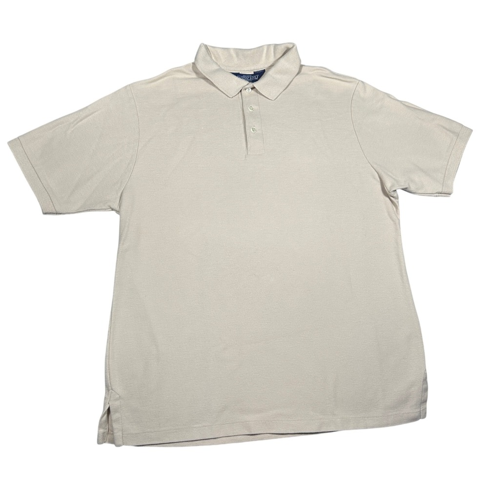 Vintage Lands End Mens Tan Beige Cotton Pique Short Sleeve Polo Shirt Large USA